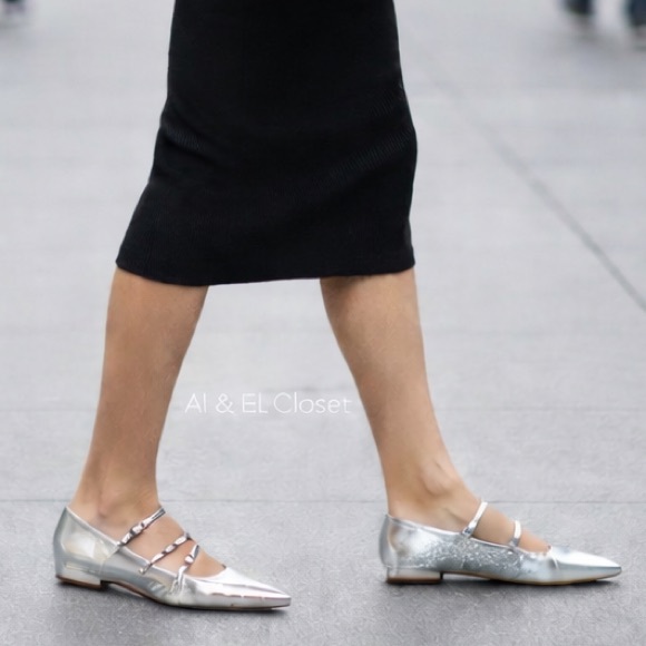 Sam Edelman Cass Silver Leather Pointed Toe 3-Strap Flats Sz 7.5 M NewWith Box